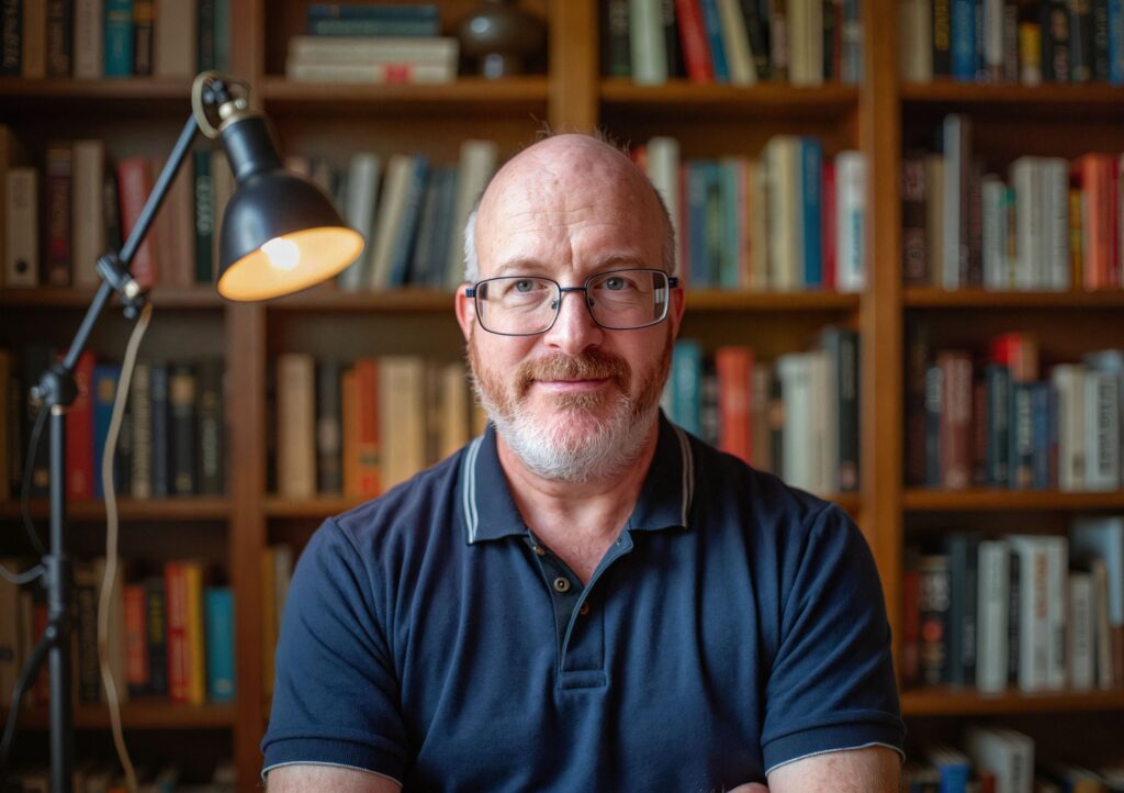 Man seated in front of a bookcase.